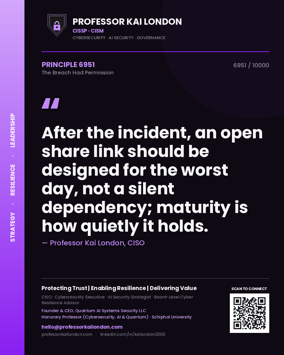 Quote card by Professor Kai London reading 'After the incident, an open share link should be designed for the worst day, not a silent dependency; maturity is how quietly it holds.'. From the book The Breach Had Permission.