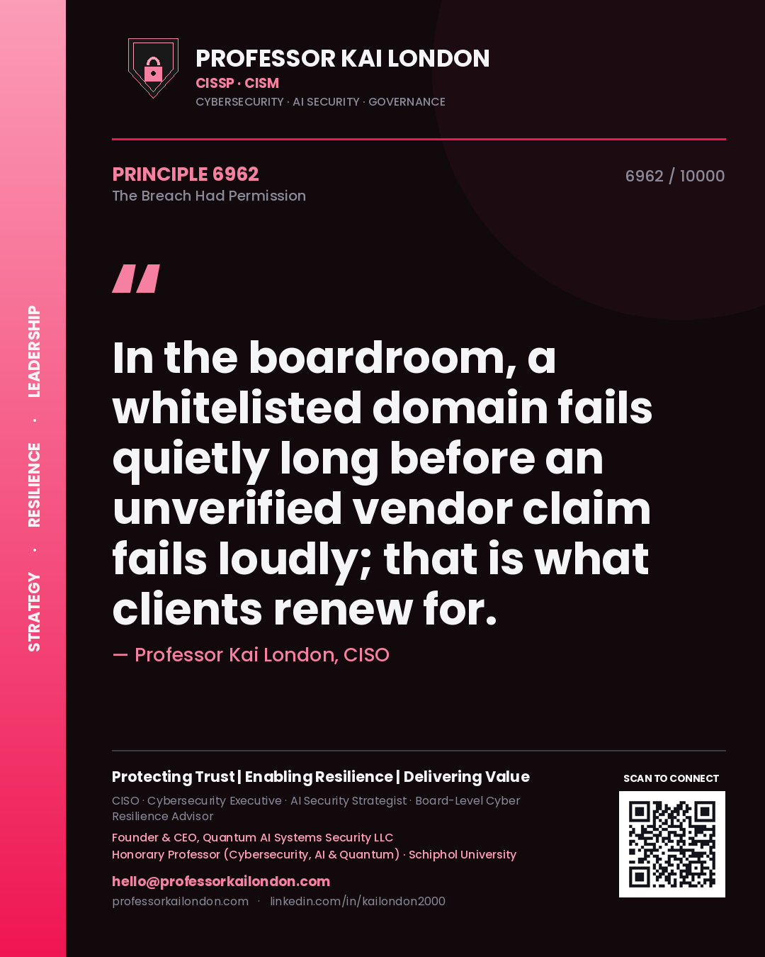 Quote card by Professor Kai London reading 'In the boardroom, a whitelisted domain fails quietly long before an unverified vendor claim fails loudly; that is what clients renew for.'. From the book The Breach Had Permission.