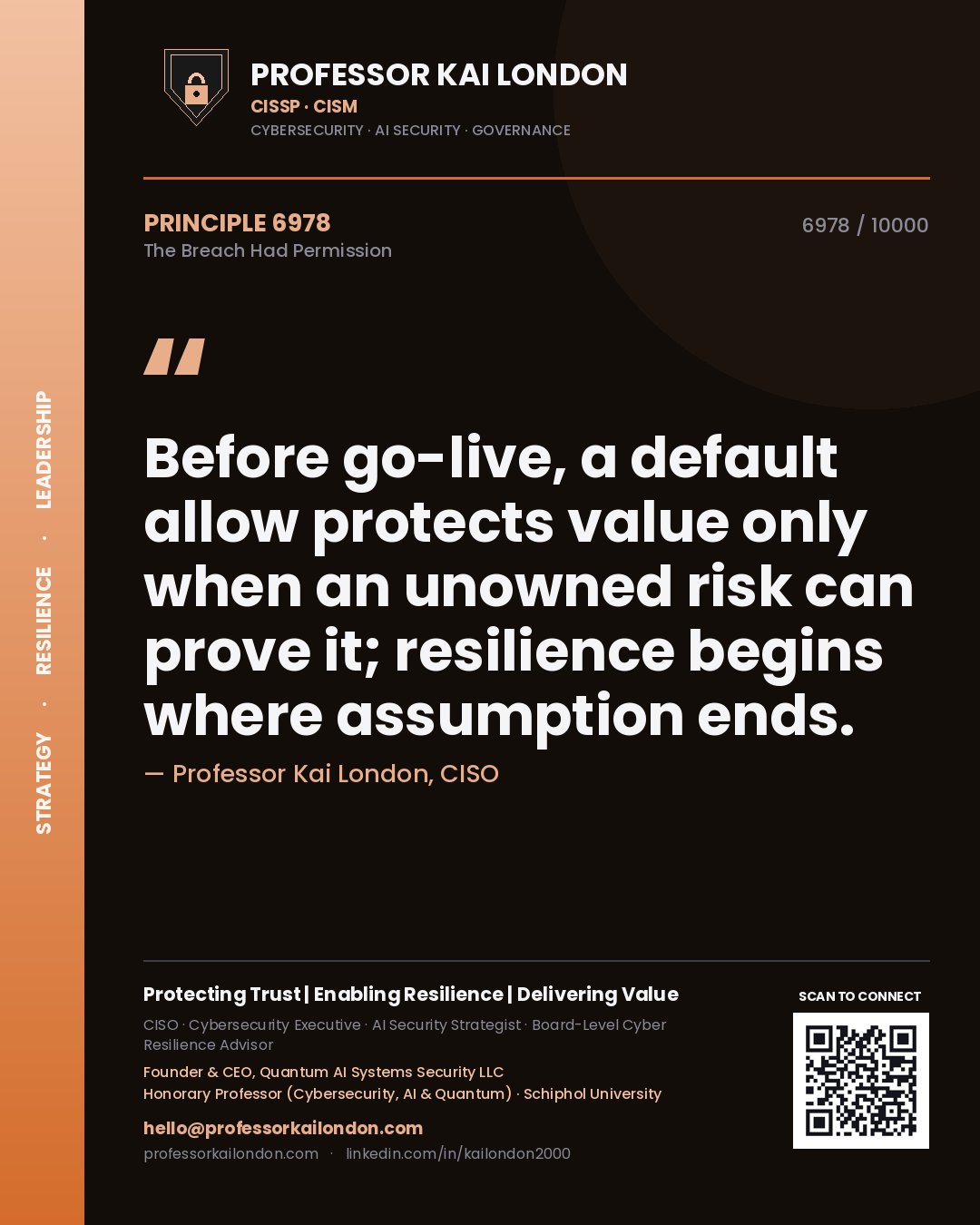 Quote card by Professor Kai London reading 'Before go-live, a default allow protects value only when an unowned risk can prove it; resilience begins where assumption ends.'. From the book The Breach Had Permission.