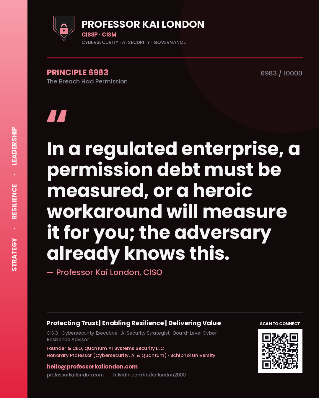 Professor Kai London principle 6983: In a regulated enterprise, a permission debt must be measured, or a heroic workaround will measure it for you; the adversary already knows this.