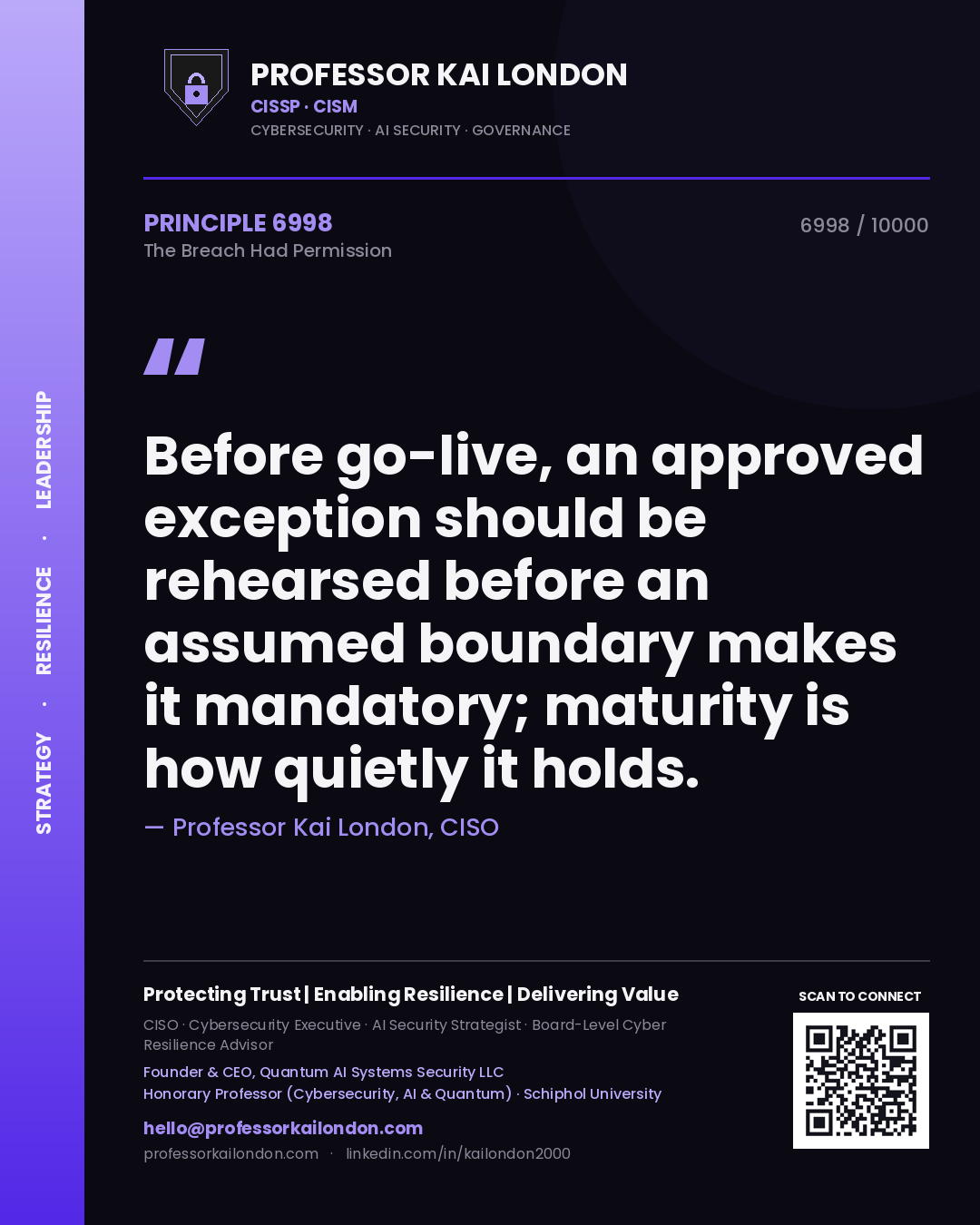 Quote card by Professor Kai London reading 'Before go-live, an approved exception should be rehearsed before an assumed boundary makes it mandatory; maturity is how quietly it holds.'. From the book The Breach Had Permission.
