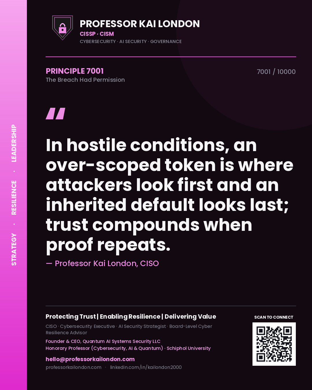 Professor Kai London principle 7001: In hostile conditions, an over-scoped token is where attackers look first and an inherited default looks last; trust compounds when proof repeats.