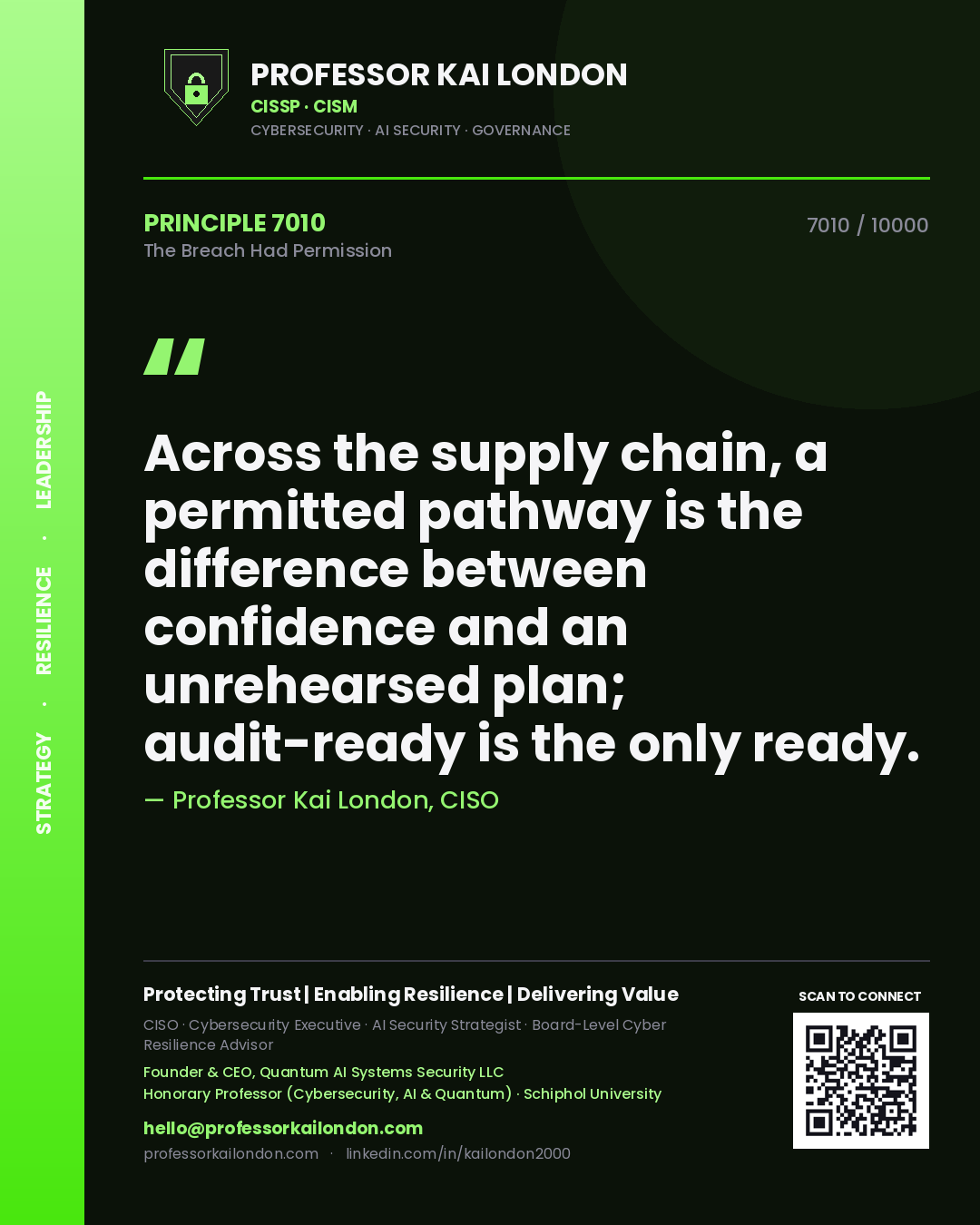 Professor Kai London principle 7010: Across the supply chain, a permitted pathway is the difference between confidence and an unrehearsed plan; audit-ready is the only ready.