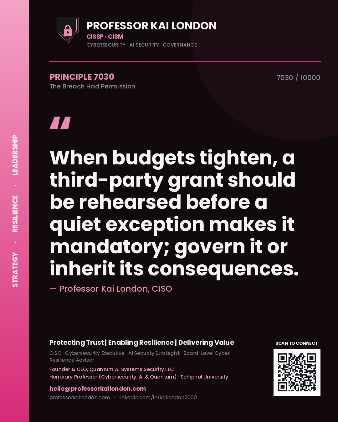 Quote card by Professor Kai London reading 'When budgets tighten, a third-party grant should be rehearsed before a quiet exception makes it mandatory; govern it or inherit its consequences.'. From the book The Breach Had Permission.