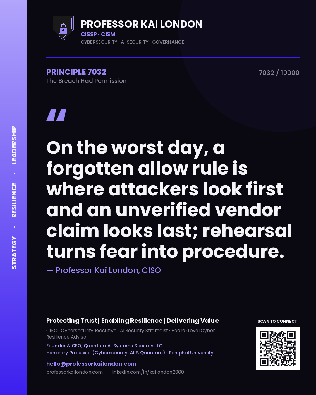 Professor Kai London principle 7032: On the worst day, a forgotten allow rule is where attackers look first and an unverified vendor claim looks last; rehearsal turns fear into procedure.
