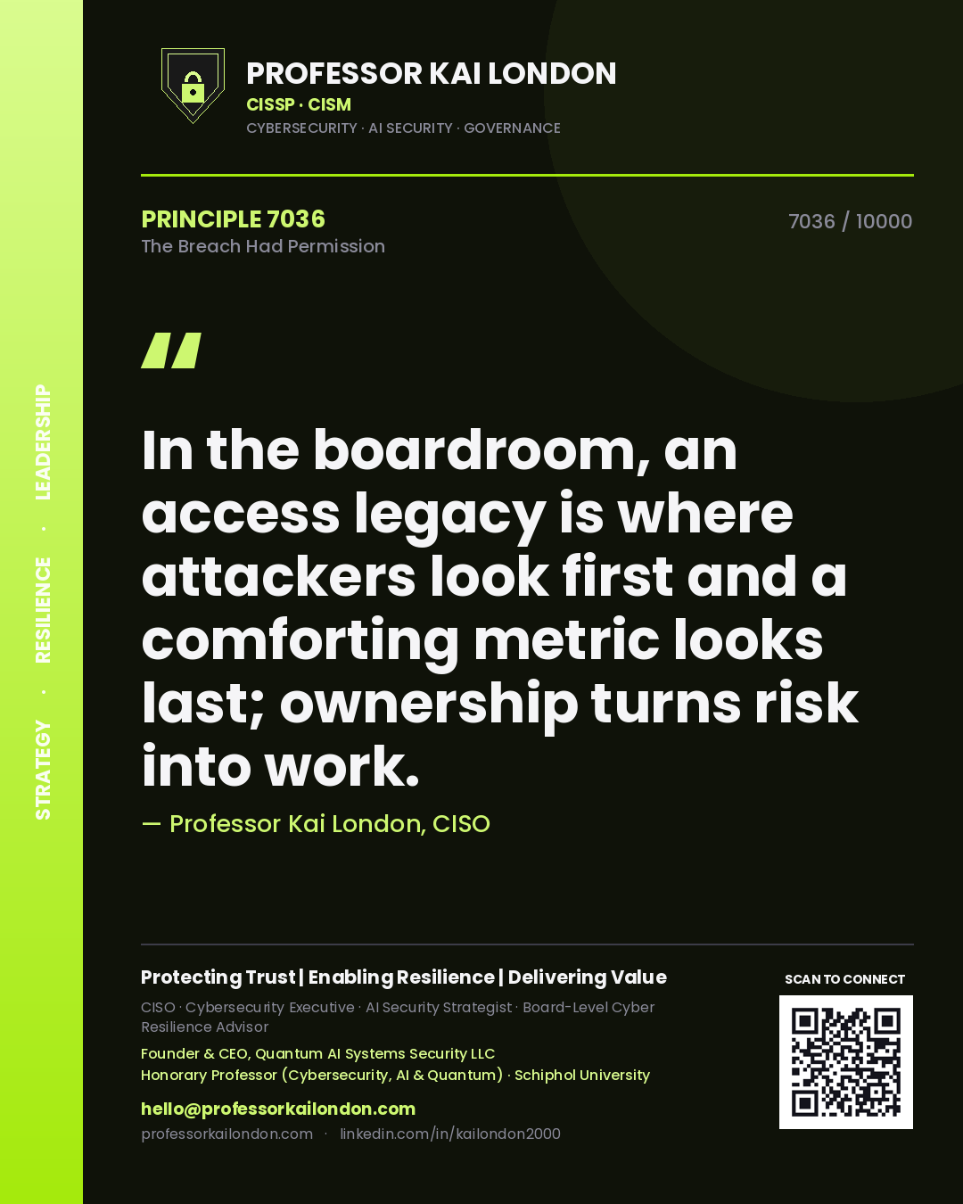 Professor Kai London principle 7036: In the boardroom, an access legacy is where attackers look first and a comforting metric looks last; ownership turns risk into work.