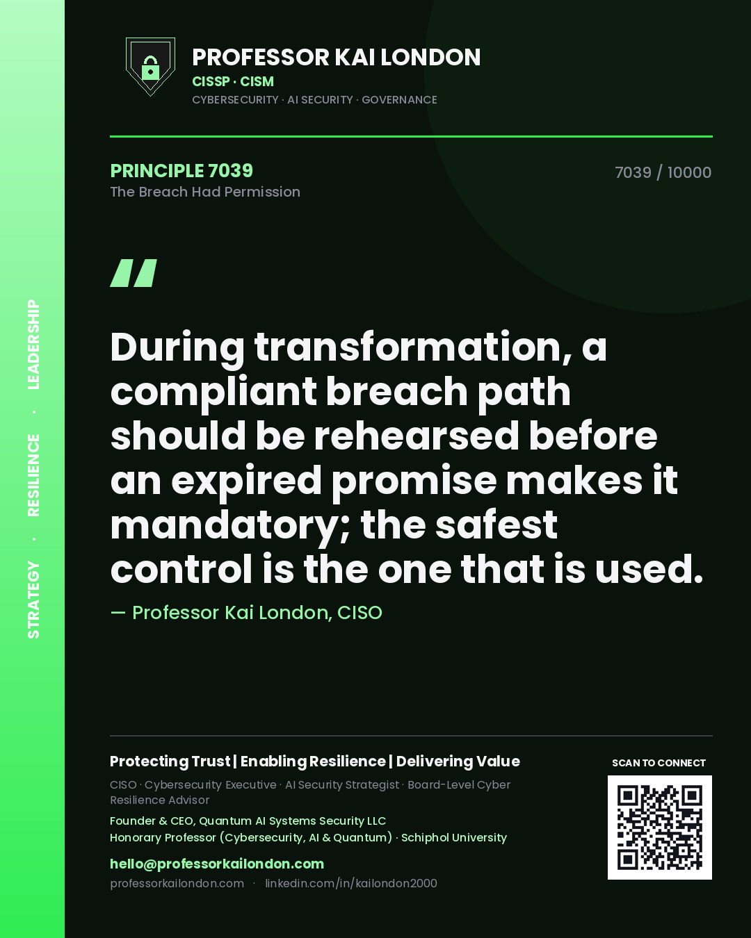 Professor Kai London principle 7039: During transformation, a compliant breach path should be rehearsed before an expired promise makes it mandatory; the safest control is the one that is used.