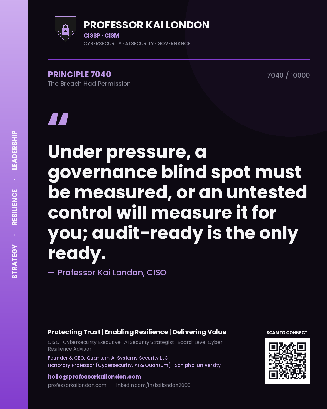 Professor Kai London principle 7040: Under pressure, a governance blind spot must be measured, or an untested control will measure it for you; audit-ready is the only ready.