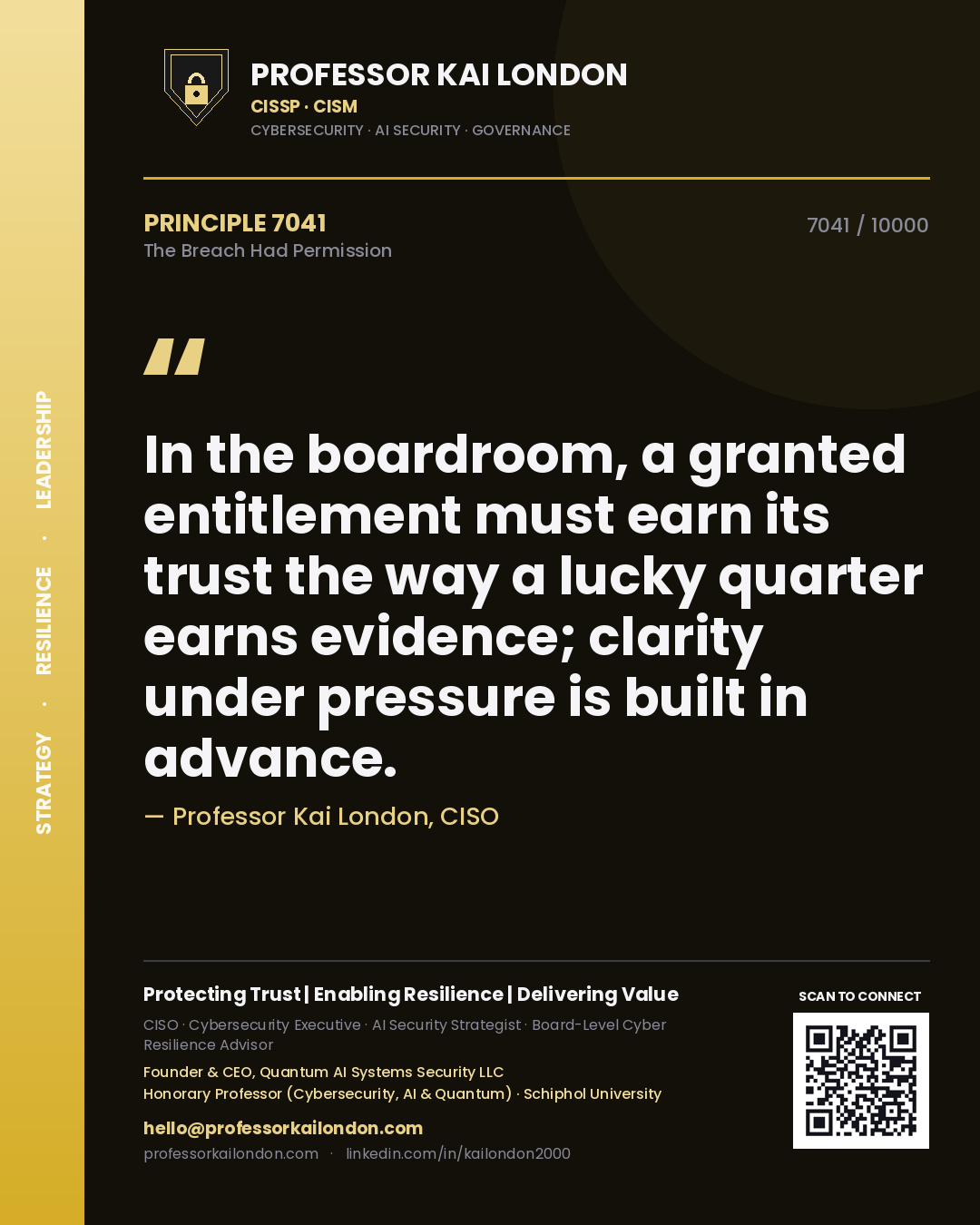 Quote card by Professor Kai London reading 'In the boardroom, a granted entitlement must earn its trust the way a lucky quarter earns evidence; clarity under pressure is built in advance.'. From the book The Breach Had Permission.