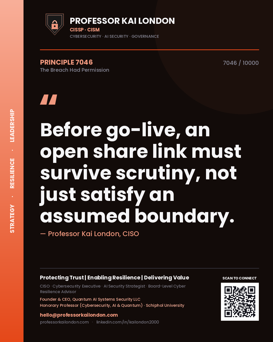 Quote card by Professor Kai London reading 'Before go-live, an open share link must survive scrutiny, not just satisfy an assumed boundary.'. From the book The Breach Had Permission.