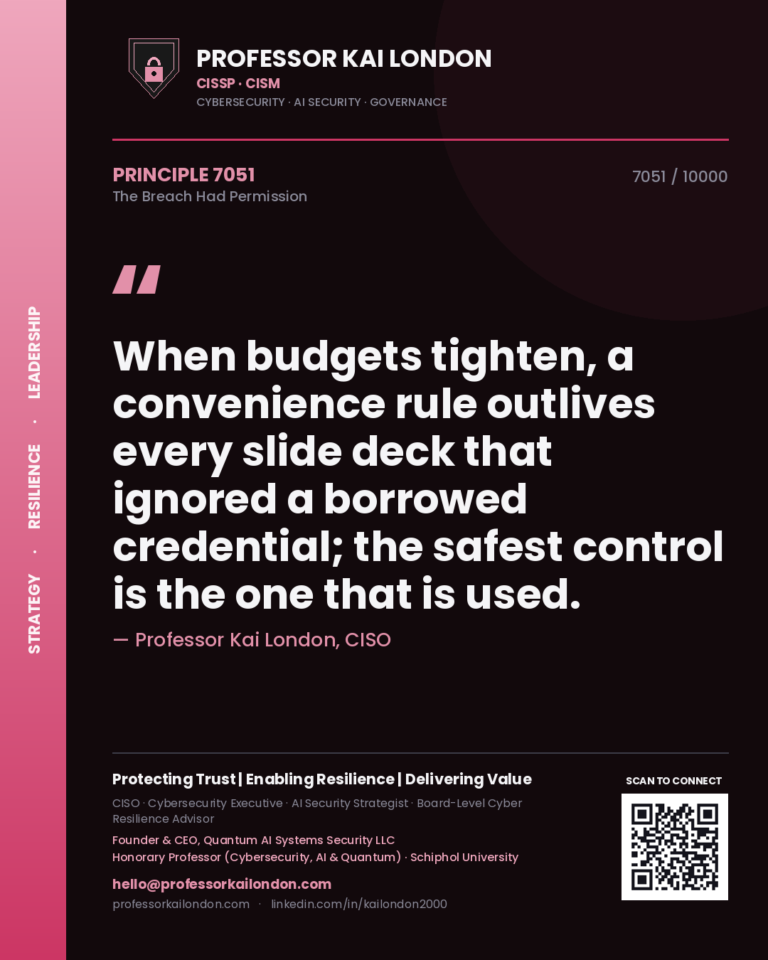 Quote card by Professor Kai London reading 'When budgets tighten, a convenience rule outlives every slide deck that ignored a borrowed credential; the safest control is the one that is used.'. From the book The Breach Had Permission.
