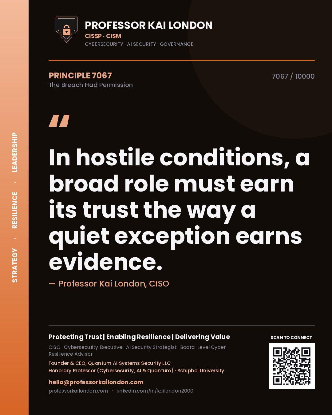Professor Kai London principle 7067: In hostile conditions, a broad role must earn its trust the way a quiet exception earns evidence.
