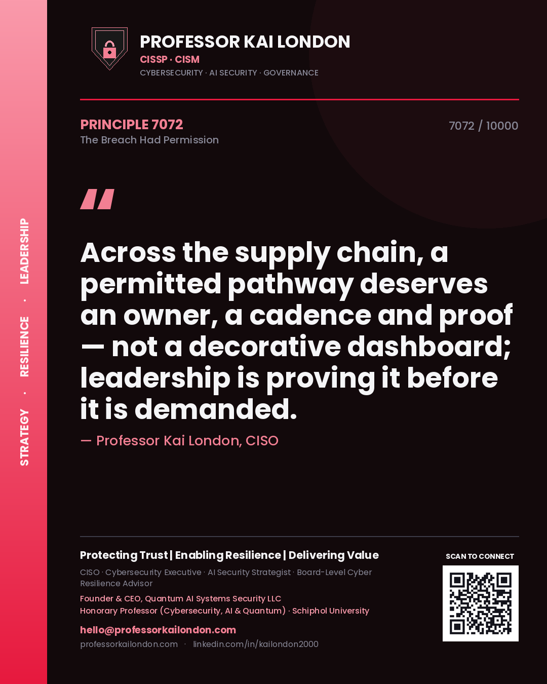Professor Kai London principle 7072: Across the supply chain, a permitted pathway deserves an owner, a cadence and proof — not a decorative dashboard; leadership is proving it before it is demanded.