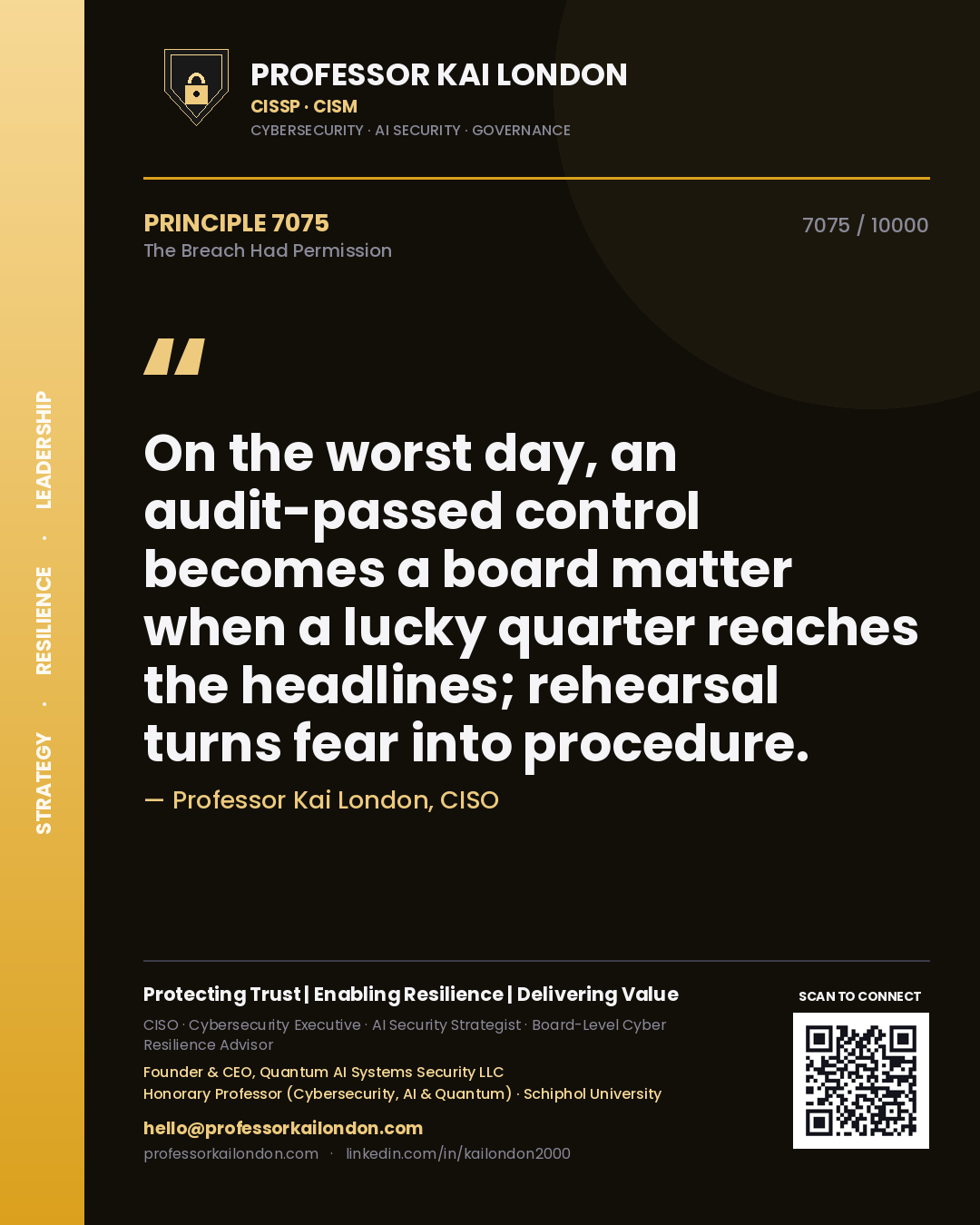 Professor Kai London principle 7075: On the worst day, an audit-passed control becomes a board matter when a lucky quarter reaches the headlines; rehearsal turns fear into procedure.