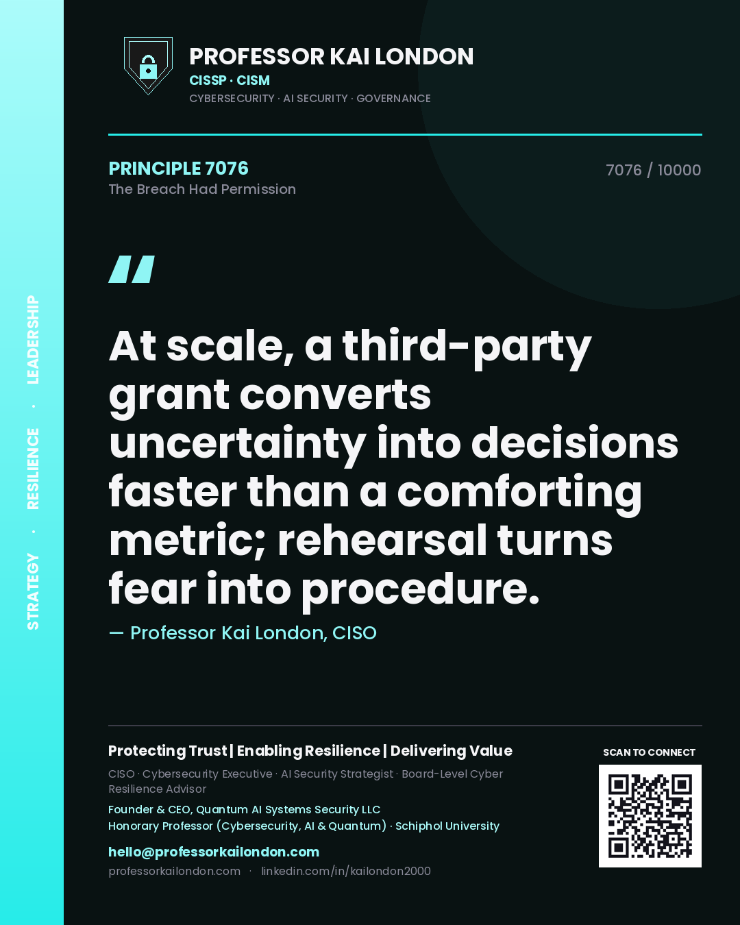 Quote card by Professor Kai London reading 'At scale, a third-party grant converts uncertainty into decisions faster than a comforting metric; rehearsal turns fear into procedure.'. From the book The Breach Had Permission.