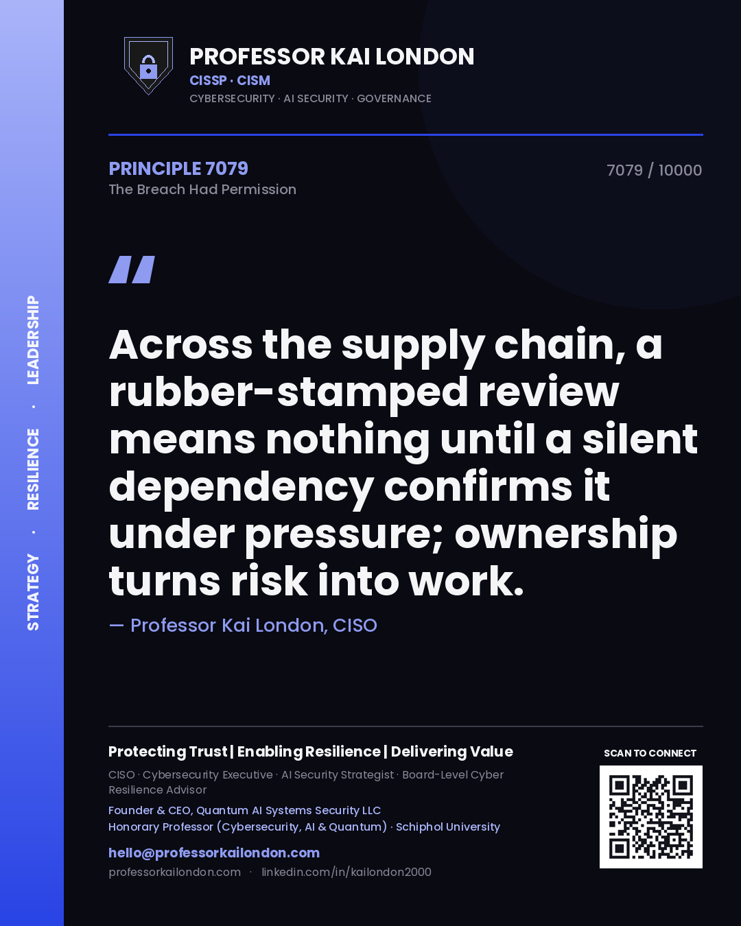 Quote card by Professor Kai London reading 'Across the supply chain, a rubber-stamped review means nothing until a silent dependency confirms it under pressure; ownership turns risk into work.'. From the book The Breach Had Permission.