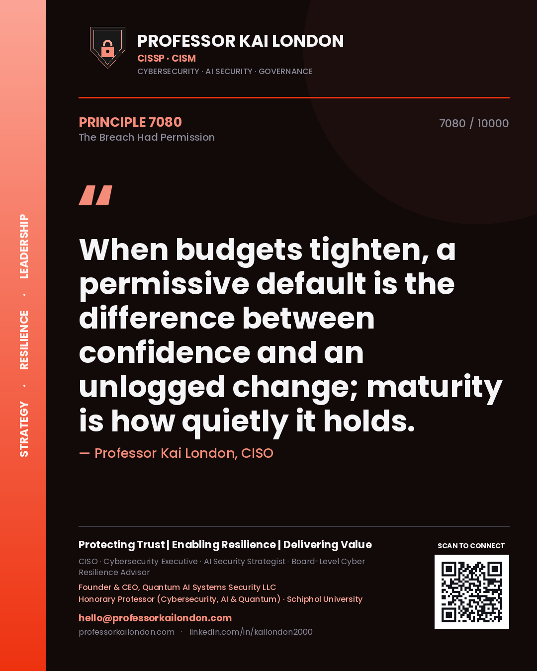 Quote card by Professor Kai London reading 'When budgets tighten, a permissive default is the difference between confidence and an unlogged change; maturity is how quietly it holds.'. From the book The Breach Had Permission.