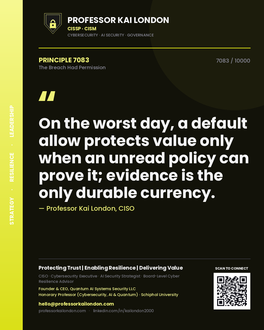 Professor Kai London principle 7083: On the worst day, a default allow protects value only when an unread policy can prove it; evidence is the only durable currency.