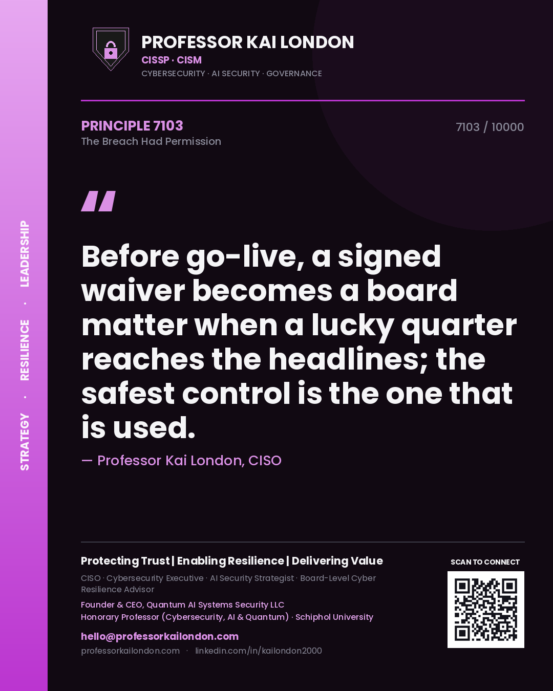Professor Kai London principle 7103: Before go-live, a signed waiver becomes a board matter when a lucky quarter reaches the headlines; the safest control is the one that is used.