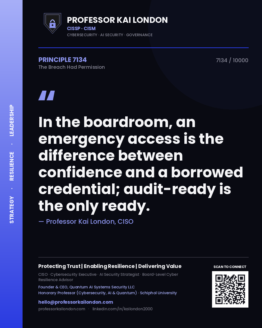 Quote card by Professor Kai London reading 'In the boardroom, an emergency access is the difference between confidence and a borrowed credential; audit-ready is the only ready.'. From the book The Breach Had Permission.