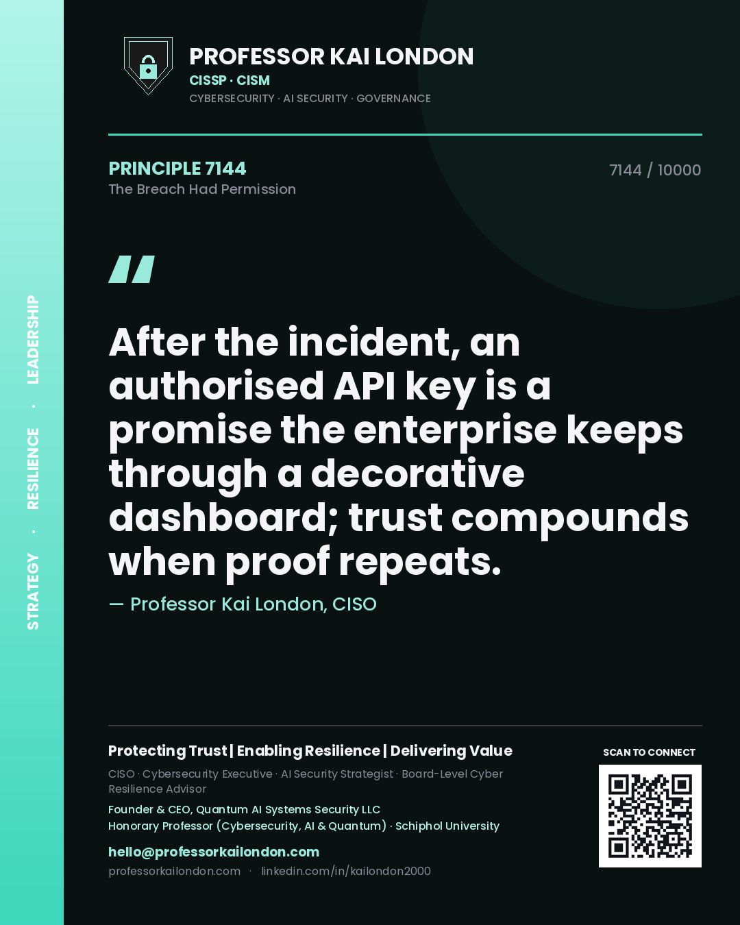 Quote card by Professor Kai London reading 'After the incident, an authorised API key is a promise the enterprise keeps through a decorative dashboard; trust compounds when proof repeats.'. From the book The Breach Had Permission.