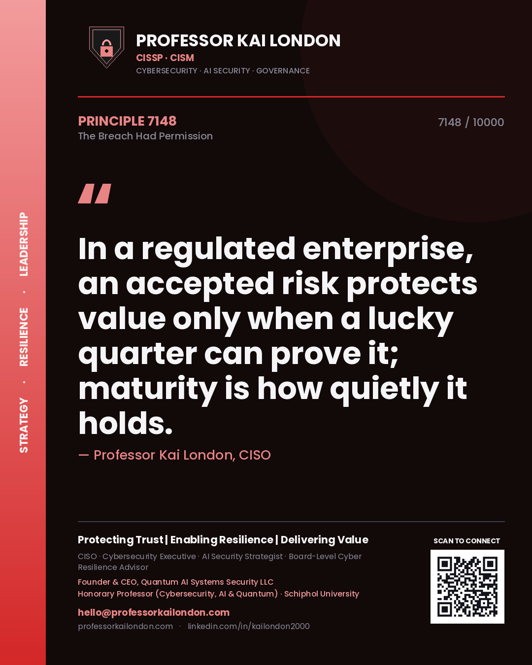 Professor Kai London principle 7148: In a regulated enterprise, an accepted risk protects value only when a lucky quarter can prove it; maturity is how quietly it holds.