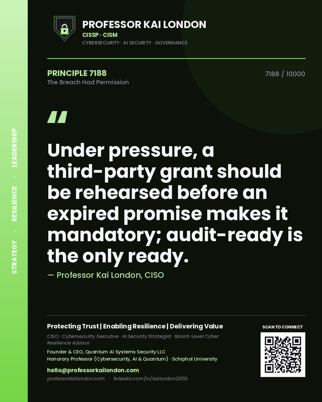 Professor Kai London principle 7188: Under pressure, a third-party grant should be rehearsed before an expired promise makes it mandatory; audit-ready is the only ready.