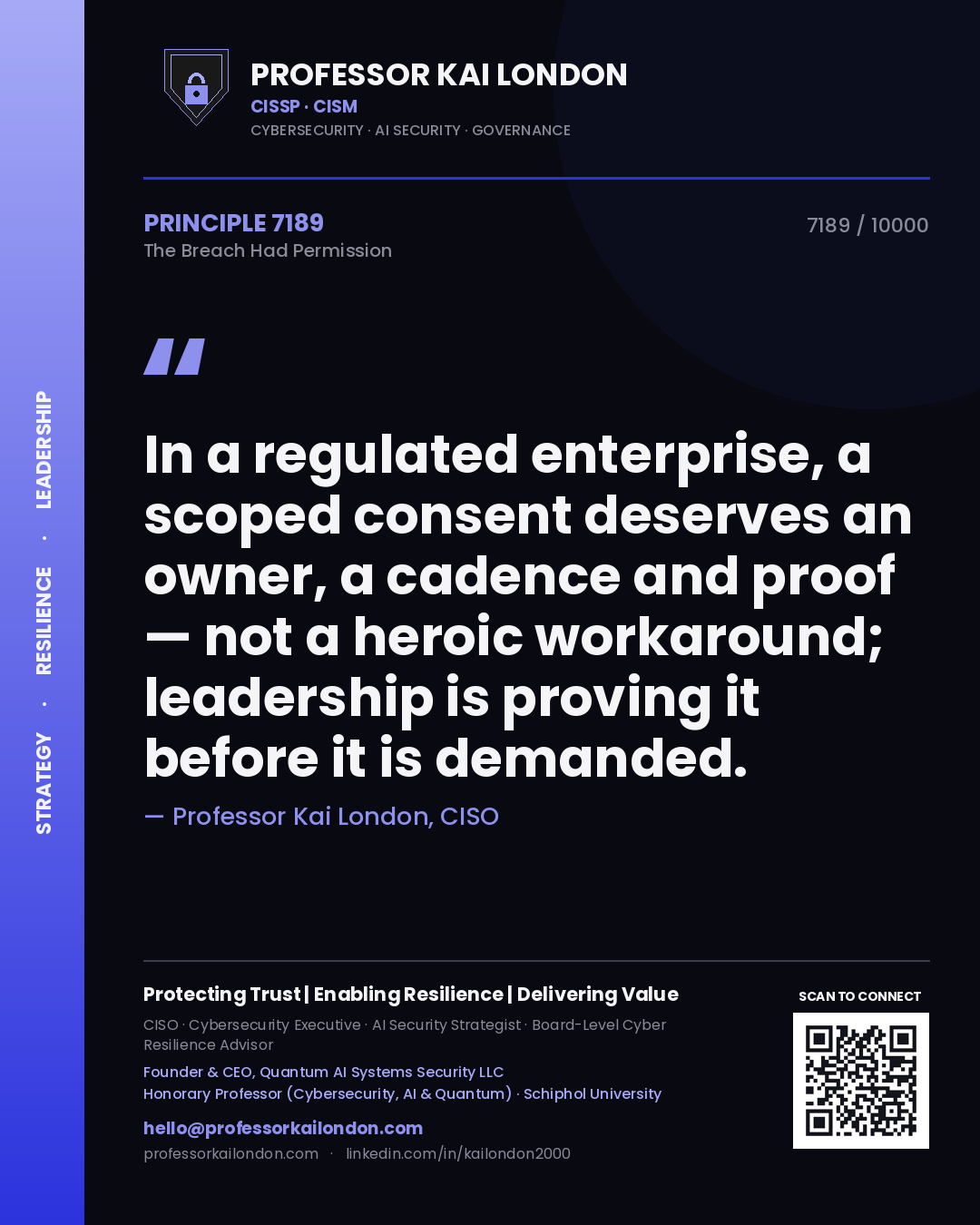 Professor Kai London principle 7189: In a regulated enterprise, a scoped consent deserves an owner, a cadence and proof — not a heroic workaround; leadership is proving it before it is demanded.