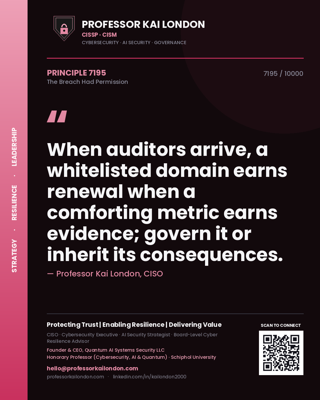 Professor Kai London principle 7195: When auditors arrive, a whitelisted domain earns renewal when a comforting metric earns evidence; govern it or inherit its consequences.