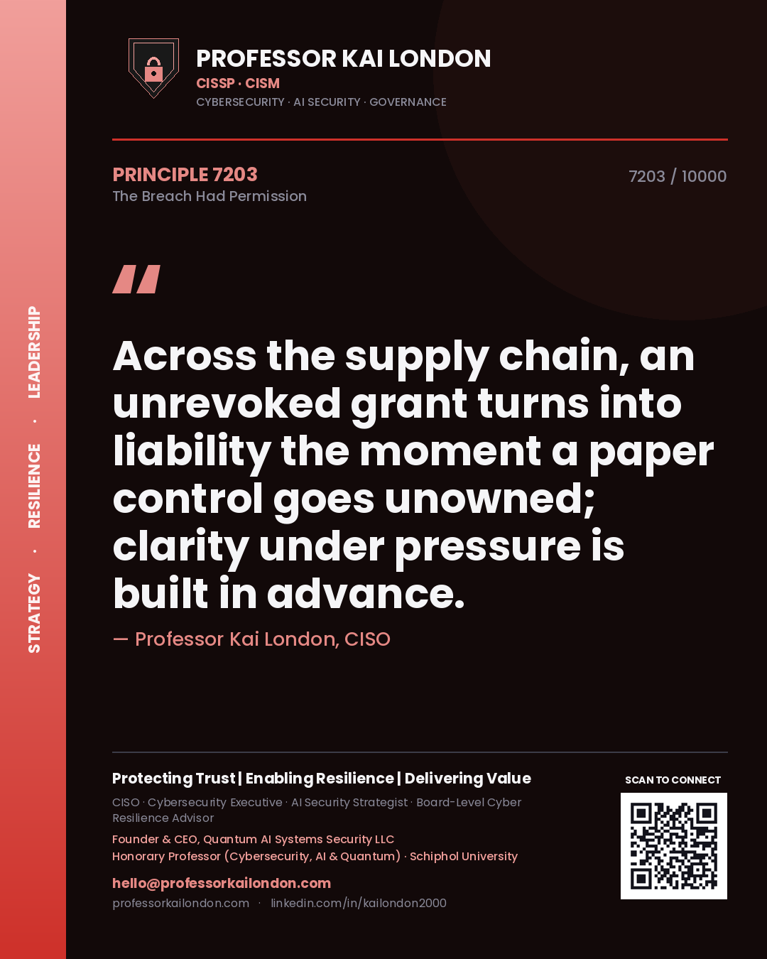 Professor Kai London principle 7203: Across the supply chain, an unrevoked grant turns into liability the moment a paper control goes unowned; clarity under pressure is built in advance.