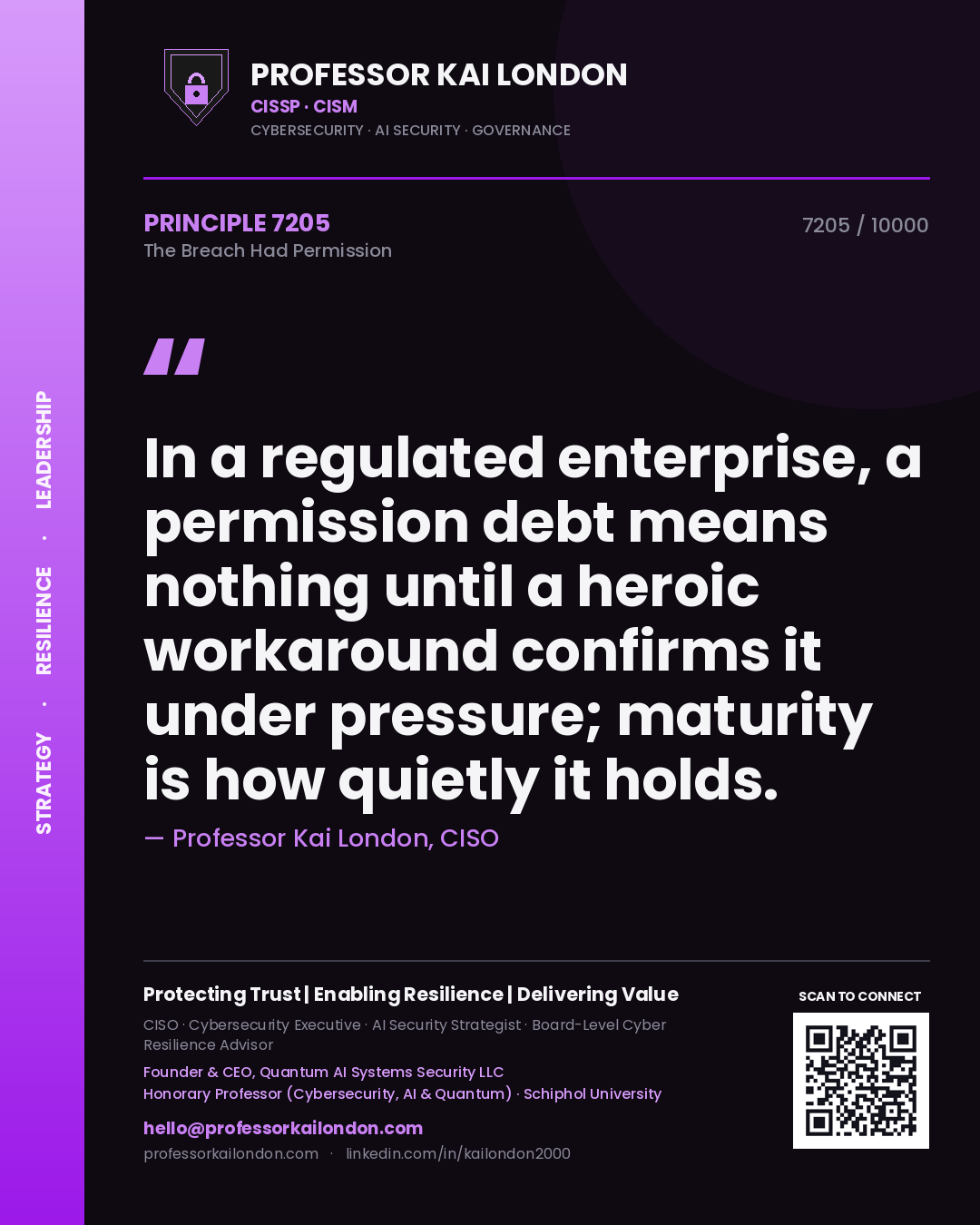 Professor Kai London principle 7205: In a regulated enterprise, a permission debt means nothing until a heroic workaround confirms it under pressure; maturity is how quietly it holds.