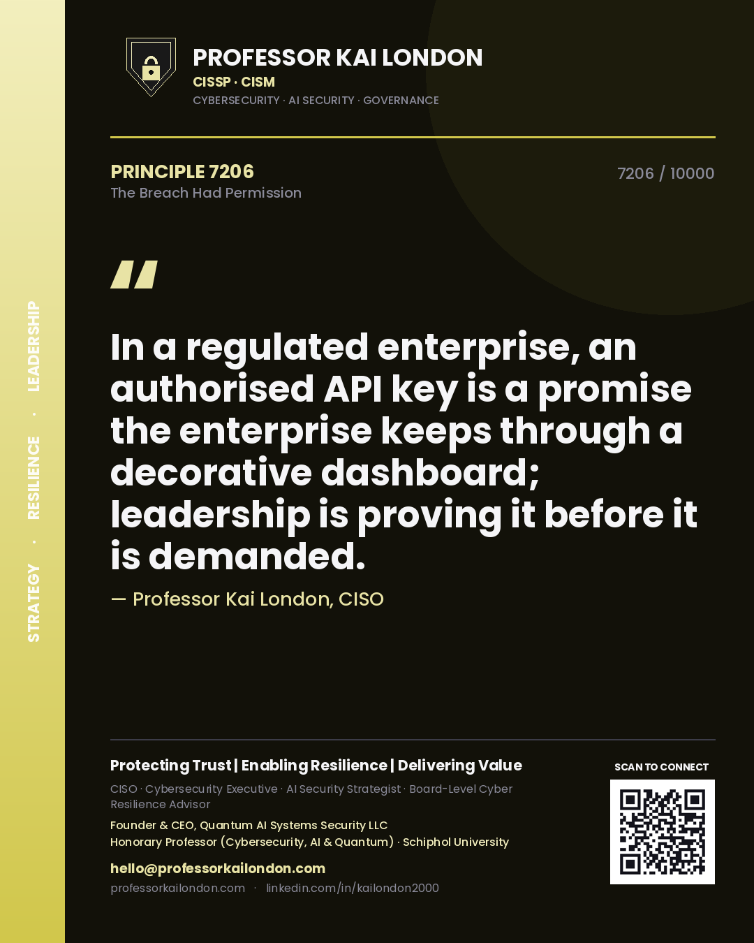Quote card by Professor Kai London reading 'In a regulated enterprise, an authorised API key is a promise the enterprise keeps through a decorative dashboard; leadership is proving it before it is demanded.'. From the book The Breach Had Permission.