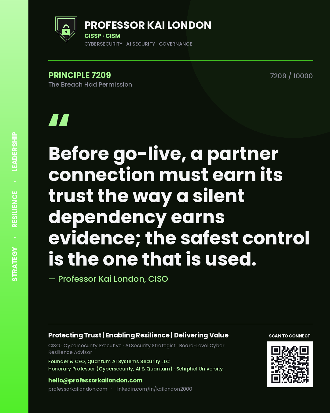 Quote card by Professor Kai London reading 'Before go-live, a partner connection must earn its trust the way a silent dependency earns evidence; the safest control is the one that is used.'. From the book The Breach Had Permission.
