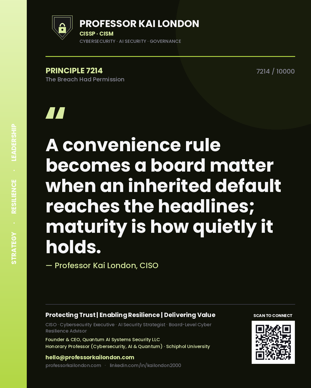 Professor Kai London principle 7214: A convenience rule becomes a board matter when an inherited default reaches the headlines; maturity is how quietly it holds.