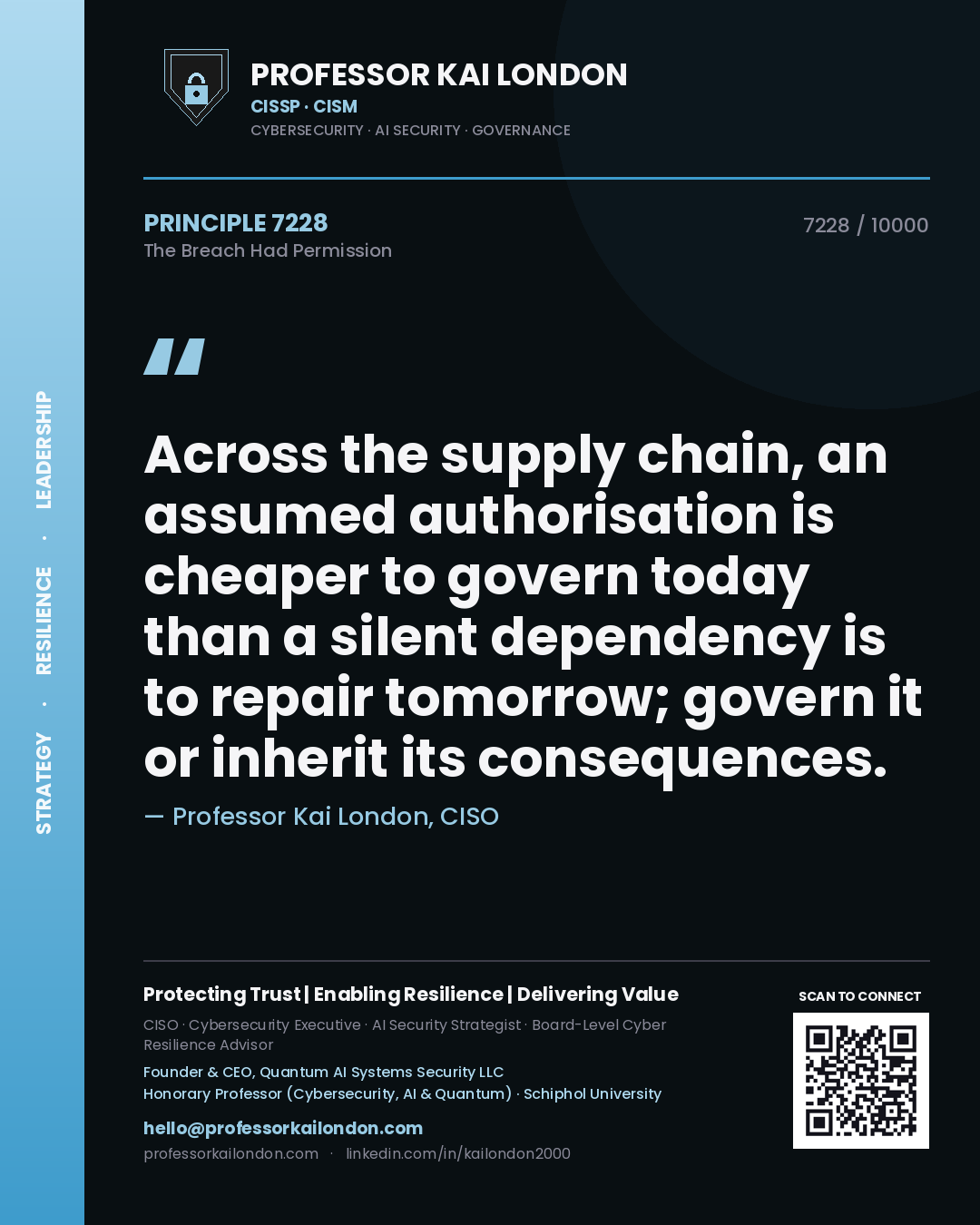 Quote card by Professor Kai London reading 'Across the supply chain, an assumed authorisation is cheaper to govern today than a silent dependency is to repair tomorrow; govern it or inherit its consequences.'. From the book The Breach Had Permission.