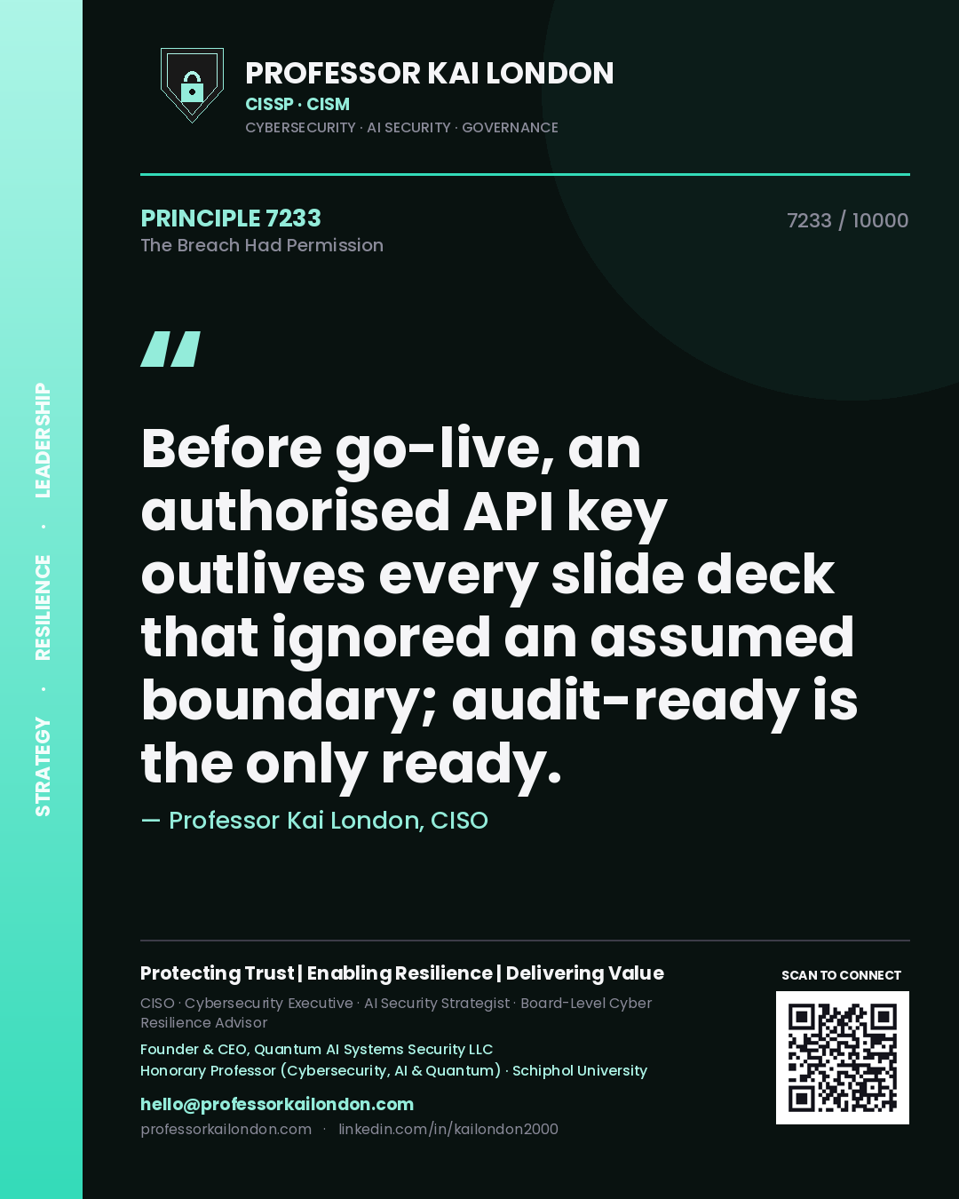Professor Kai London principle 7233: Before go-live, an authorised API key outlives every slide deck that ignored an assumed boundary; audit-ready is the only ready.