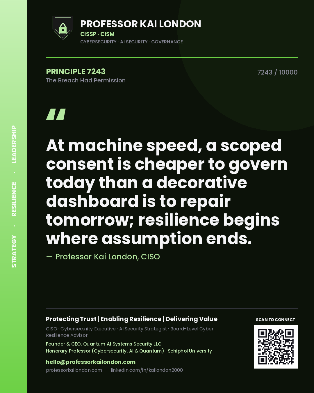 Professor Kai London principle 7243: At machine speed, a scoped consent is cheaper to govern today than a decorative dashboard is to repair tomorrow; resilience begins where assumption ends.