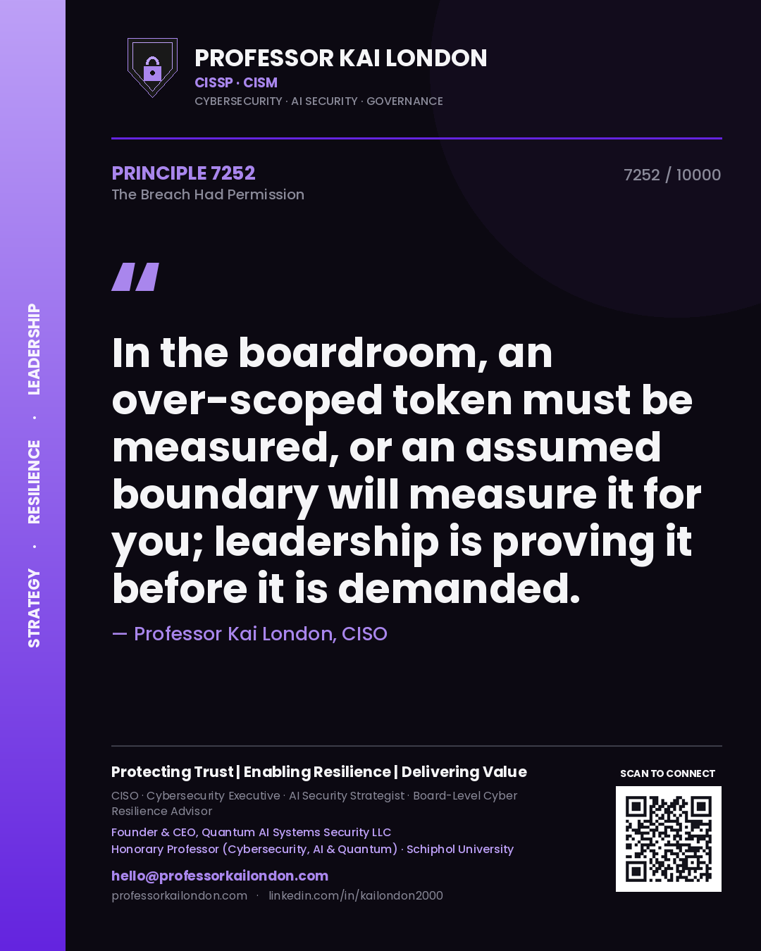 Professor Kai London principle 7252: In the boardroom, an over-scoped token must be measured, or an assumed boundary will measure it for you; leadership is proving it before it is demanded.
