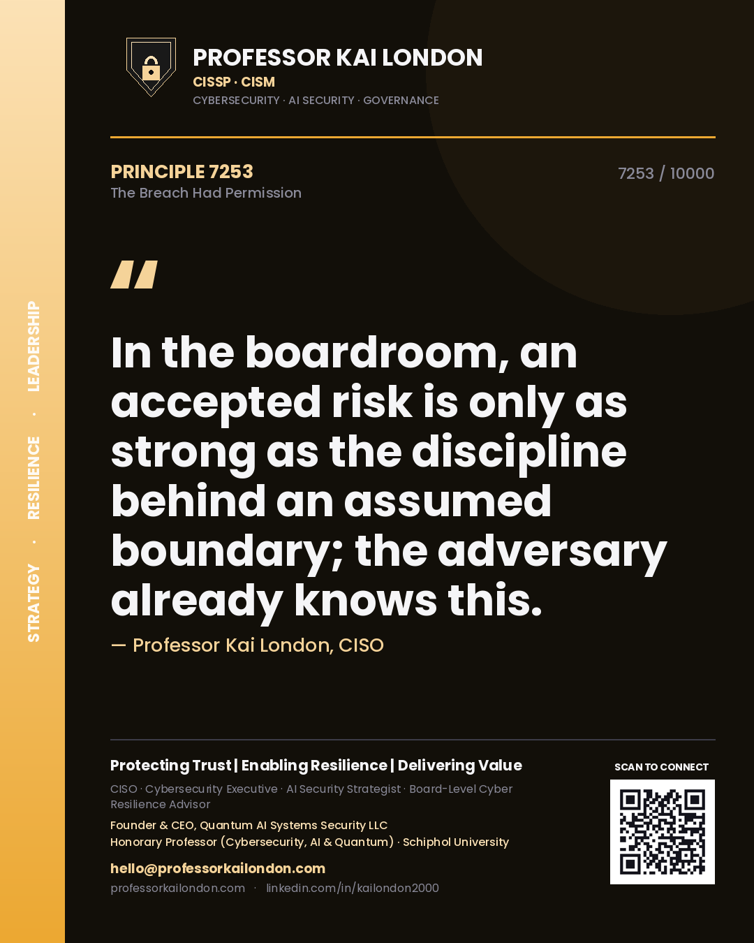 Quote card by Professor Kai London reading 'In the boardroom, an accepted risk is only as strong as the discipline behind an assumed boundary; the adversary already knows this.'. From the book The Breach Had Permission.
