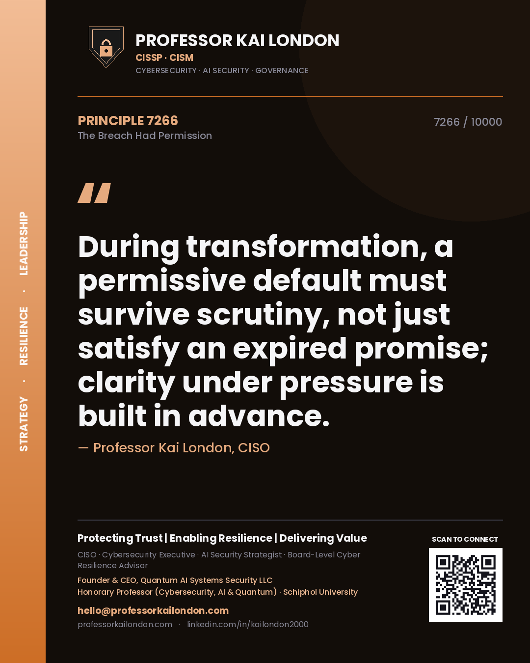 Professor Kai London principle 7266: During transformation, a permissive default must survive scrutiny, not just satisfy an expired promise; clarity under pressure is built in advance.