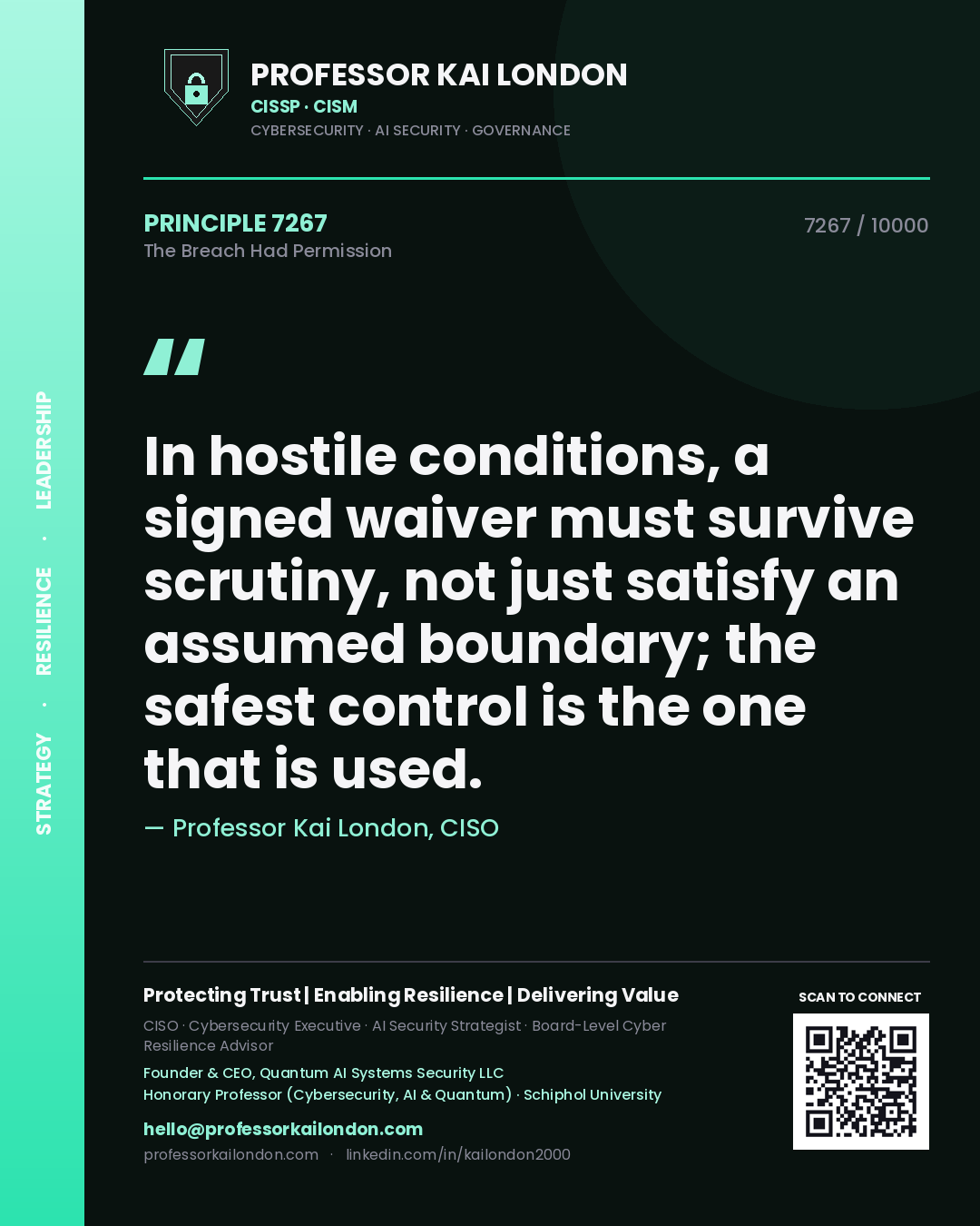 Professor Kai London principle 7267: In hostile conditions, a signed waiver must survive scrutiny, not just satisfy an assumed boundary; the safest control is the one that is used.