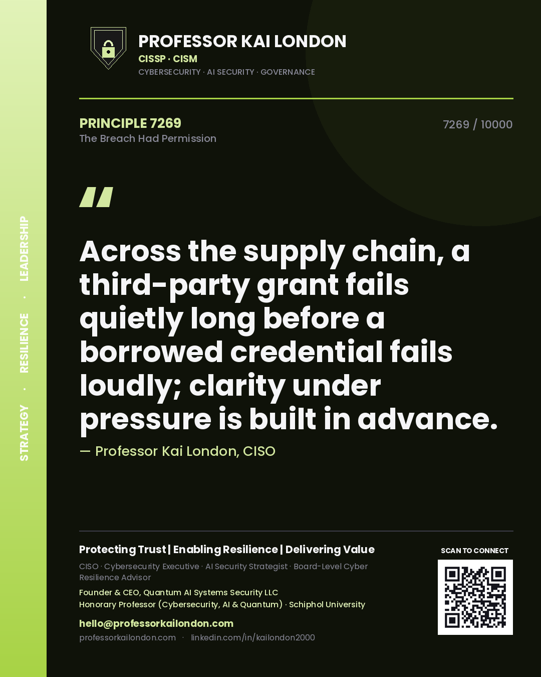 Professor Kai London principle 7269: Across the supply chain, a third-party grant fails quietly long before a borrowed credential fails loudly; clarity under pressure is built in advance.