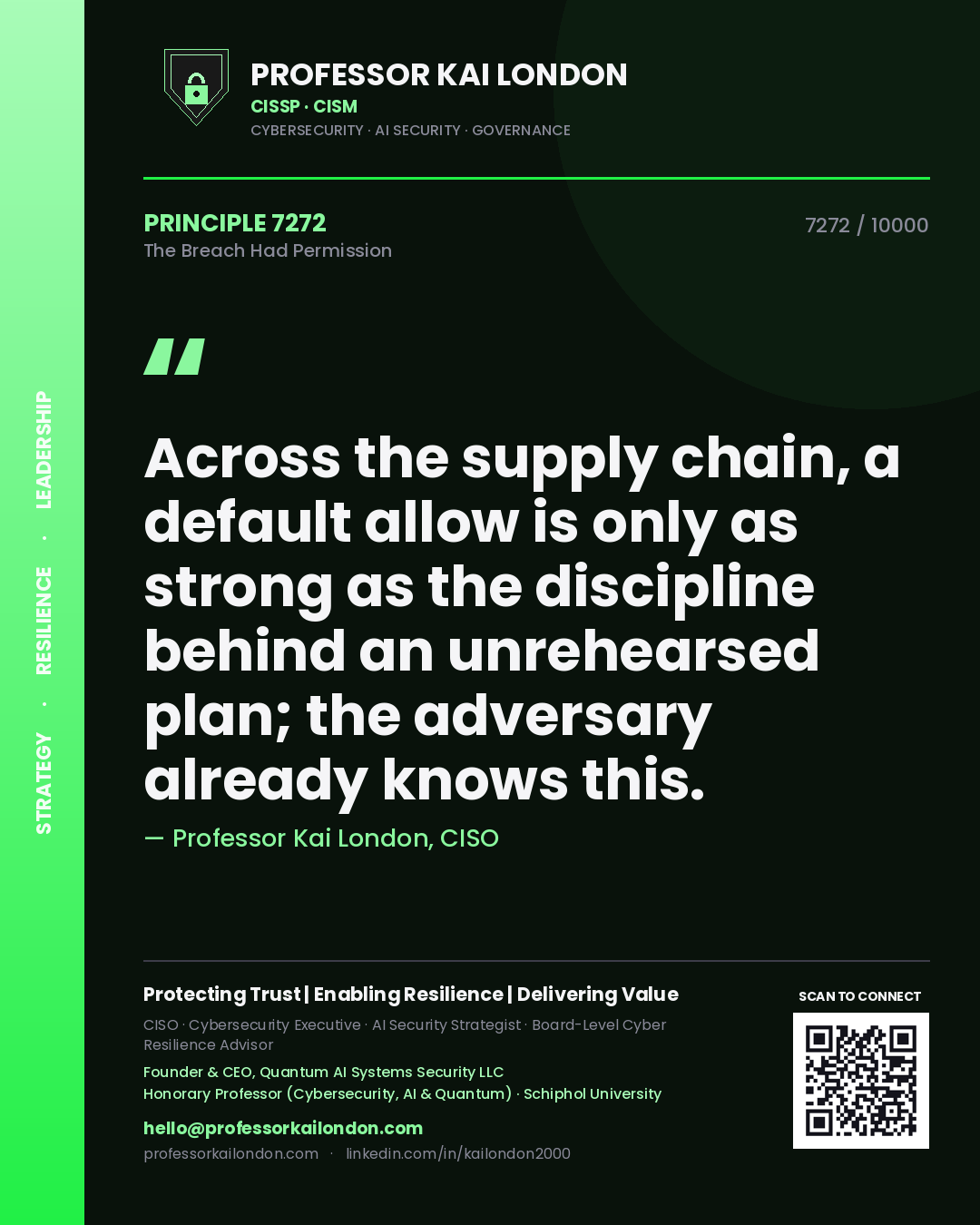 Professor Kai London principle 7272: Across the supply chain, a default allow is only as strong as the discipline behind an unrehearsed plan; the adversary already knows this.