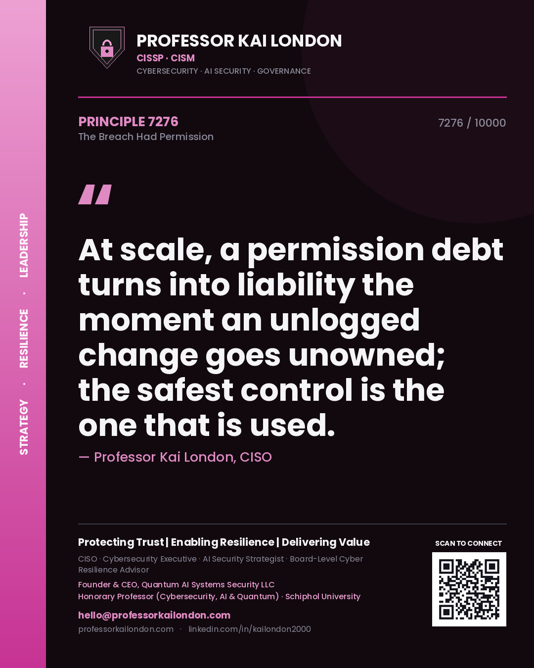Quote card by Professor Kai London reading 'At scale, a permission debt turns into liability the moment an unlogged change goes unowned; the safest control is the one that is used.'. From the book The Breach Had Permission.