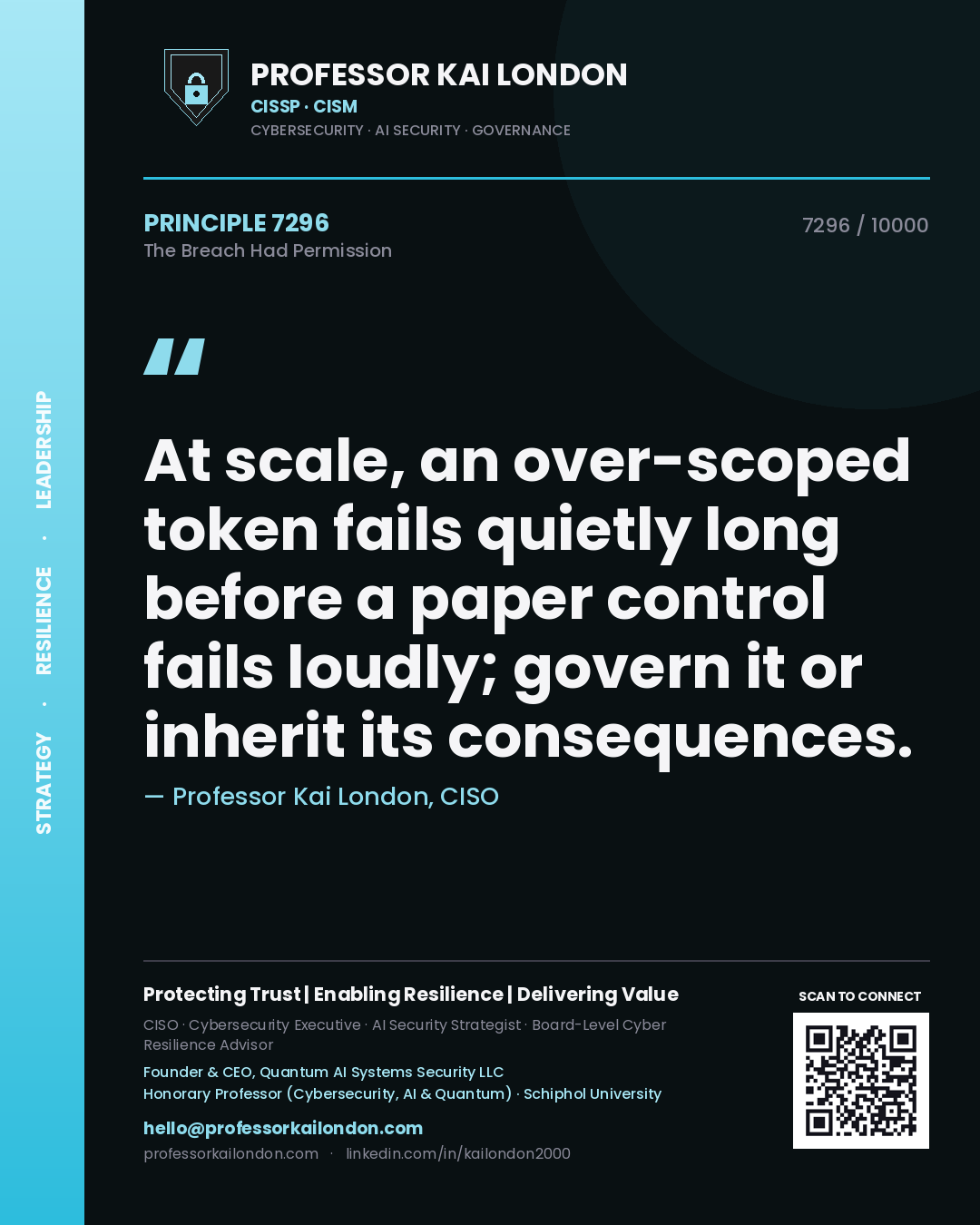 Quote card by Professor Kai London reading 'At scale, an over-scoped token fails quietly long before a paper control fails loudly; govern it or inherit its consequences.'. From the book The Breach Had Permission.
