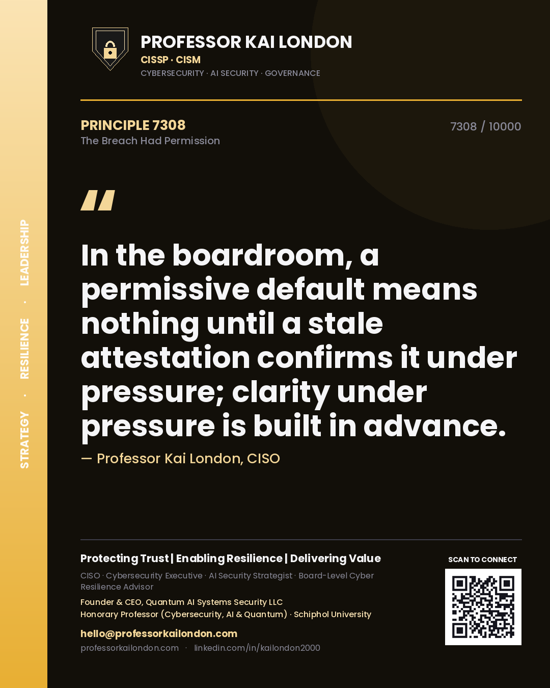 Quote card by Professor Kai London reading 'In the boardroom, a permissive default means nothing until a stale attestation confirms it under pressure; clarity under pressure is built in advance.'. From the book The Breach Had Permission.