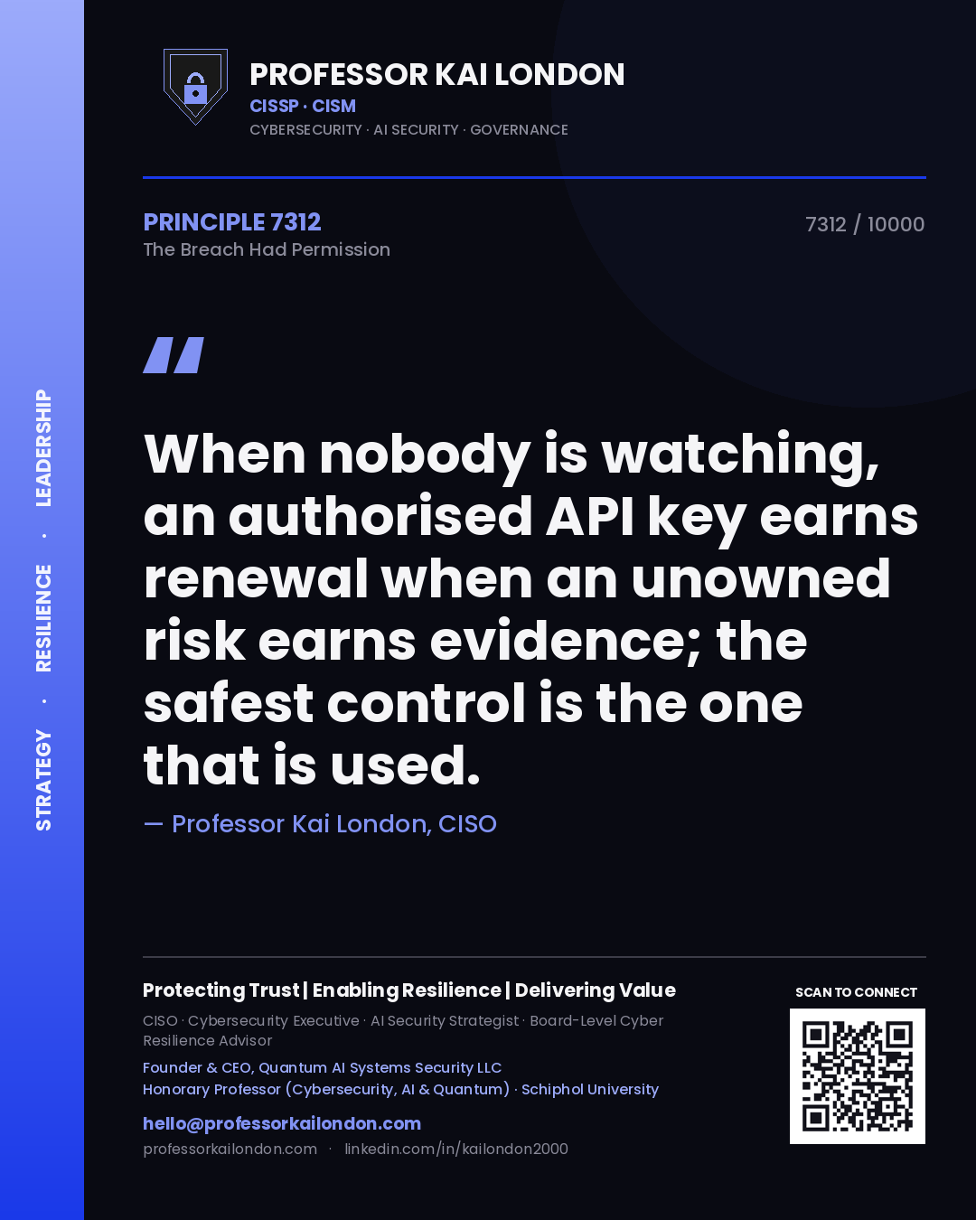 Professor Kai London principle 7312: When nobody is watching, an authorised API key earns renewal when an unowned risk earns evidence; the safest control is the one that is used.