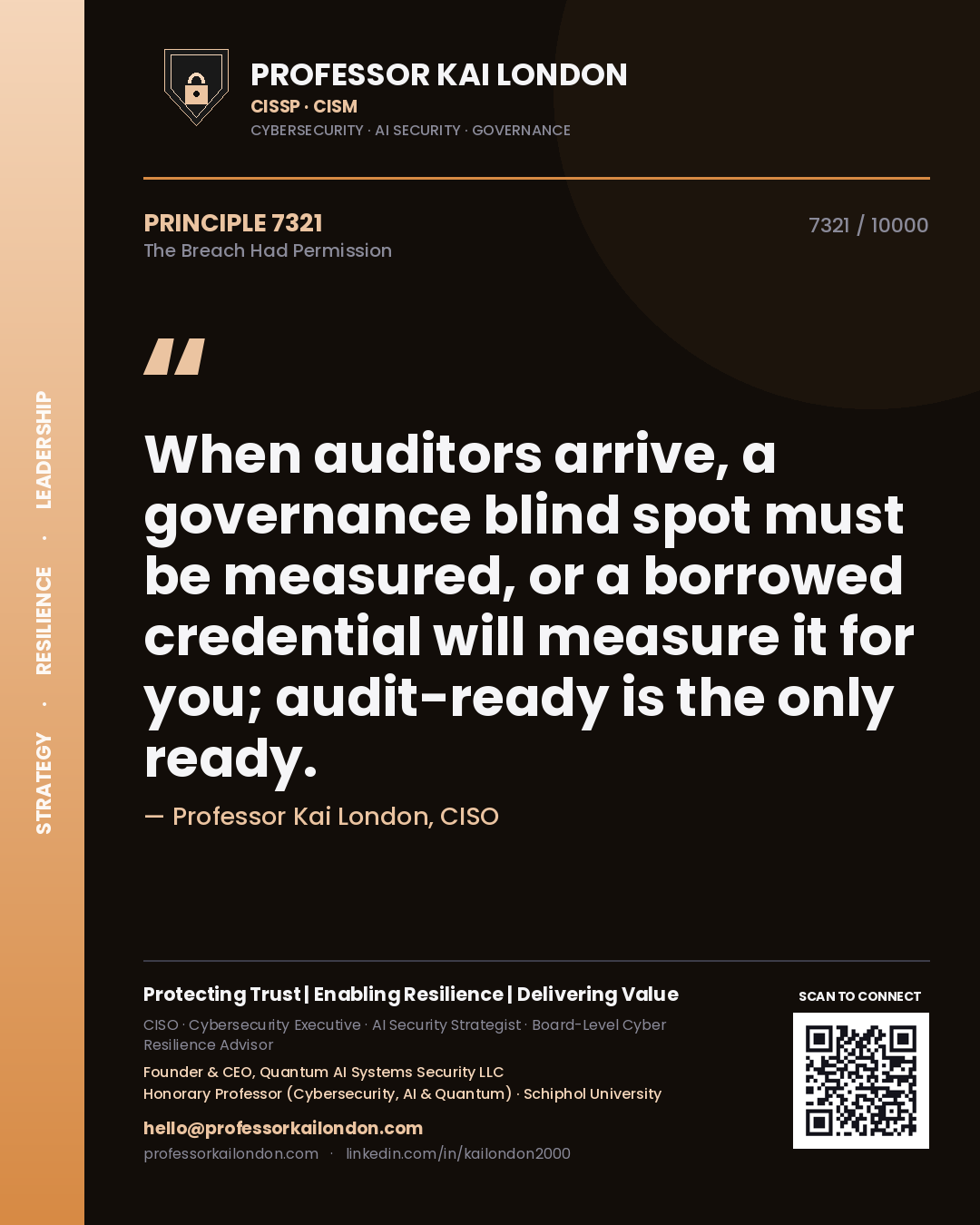 Quote card by Professor Kai London reading 'When auditors arrive, a governance blind spot must be measured, or a borrowed credential will measure it for you; audit-ready is the only ready.'. From the book The Breach Had Permission.