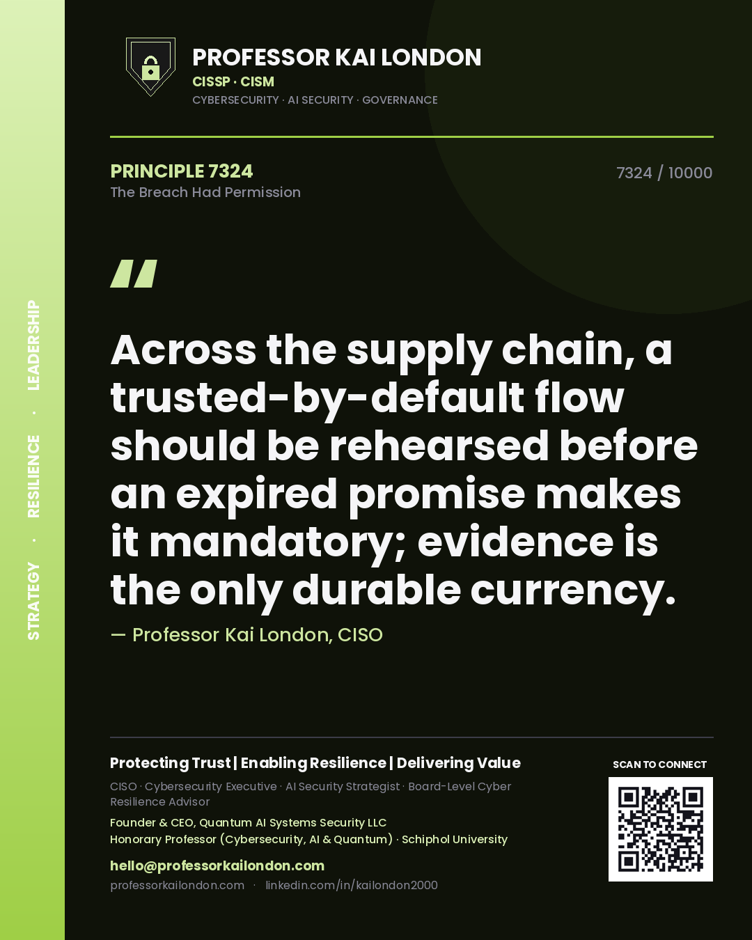 Quote card by Professor Kai London reading 'Across the supply chain, a trusted-by-default flow should be rehearsed before an expired promise makes it mandatory; evidence is the only durable currency.'. From the book The Breach Had Permission.