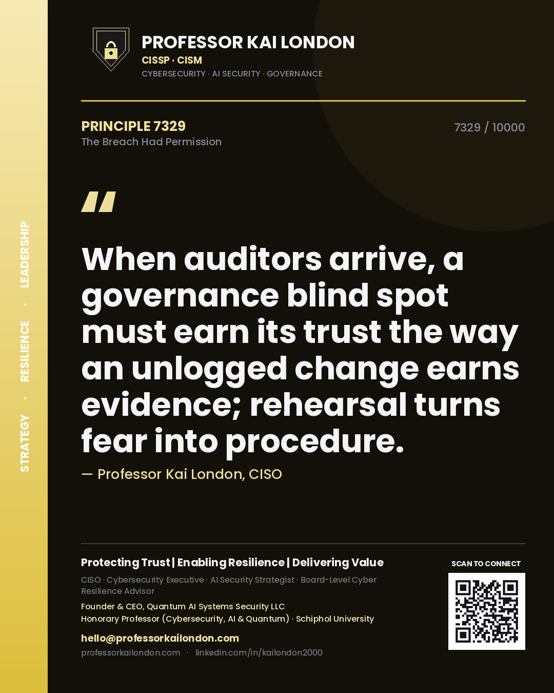 Professor Kai London principle 7329: When auditors arrive, a governance blind spot must earn its trust the way an unlogged change earns evidence; rehearsal turns fear into procedure.